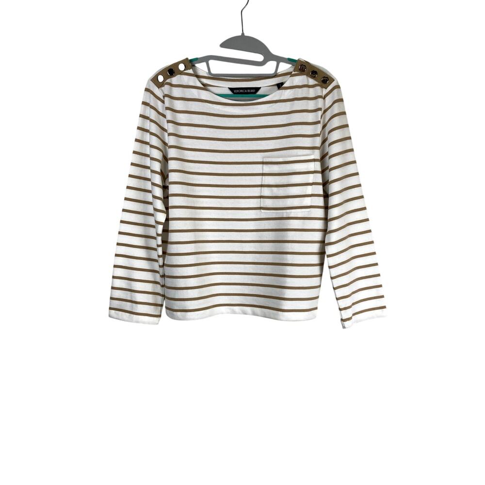 Veronica Beard women's "Hovey Striped Top" in white & tan.